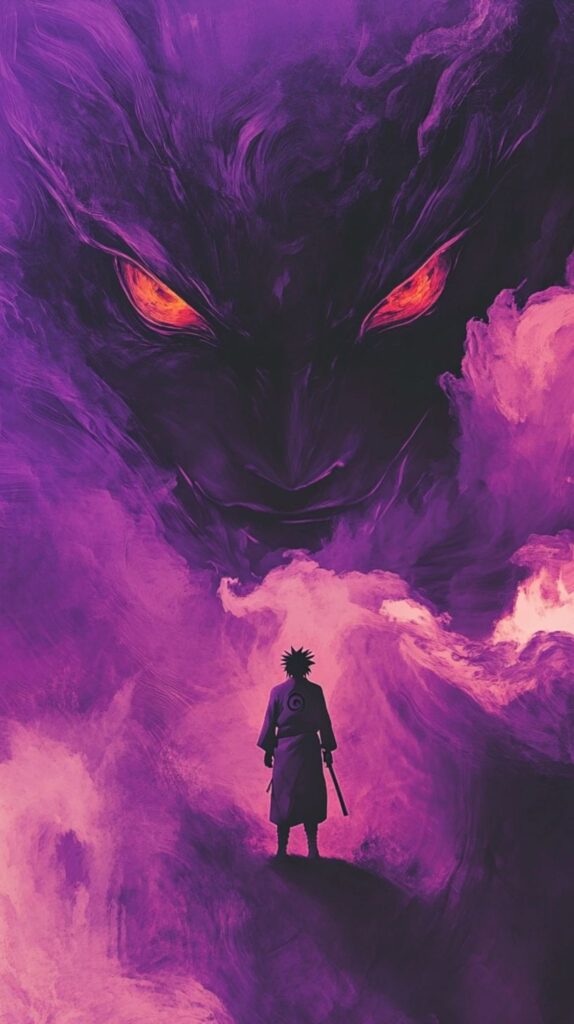 Naruto facing a dark and menacing figure looming in purple smoke