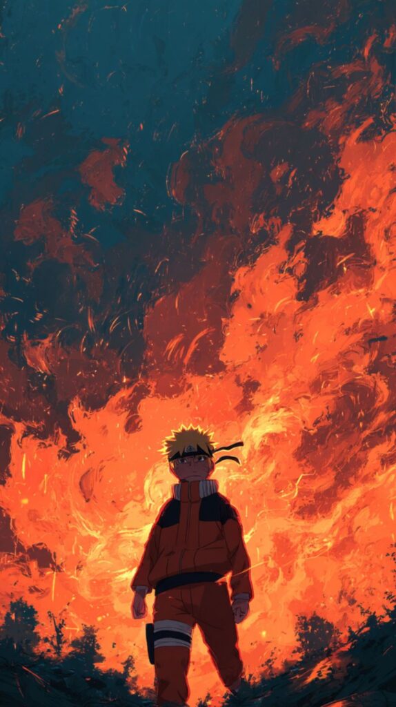 Naruto in front of a fiery backdrop, exuding determination