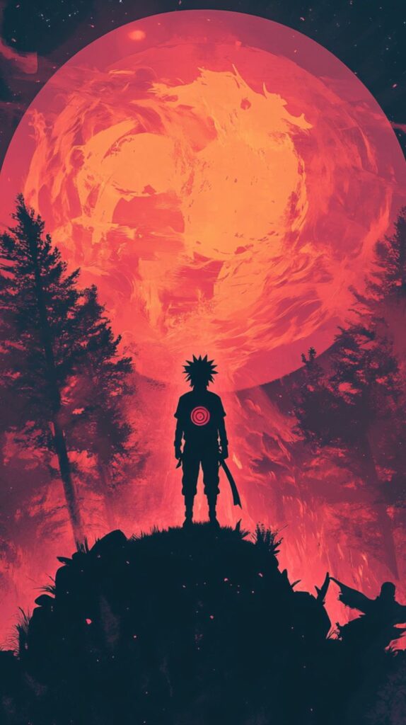 Naruto silhouetted against a fiery moon