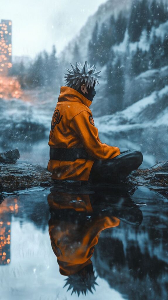 Naruto sitting by a snowy river