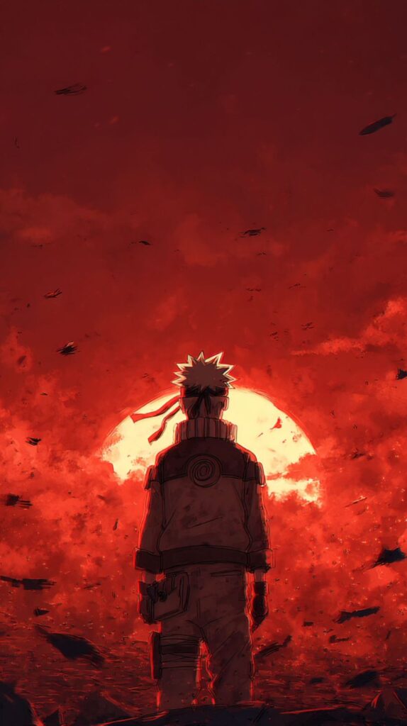 Naruto standing in front of a fiery red sky, with debris flying around