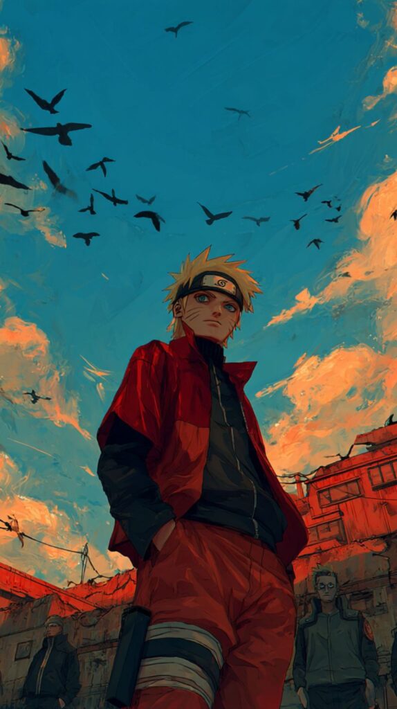 Naruto standing with a determined expression as birds fly overhead