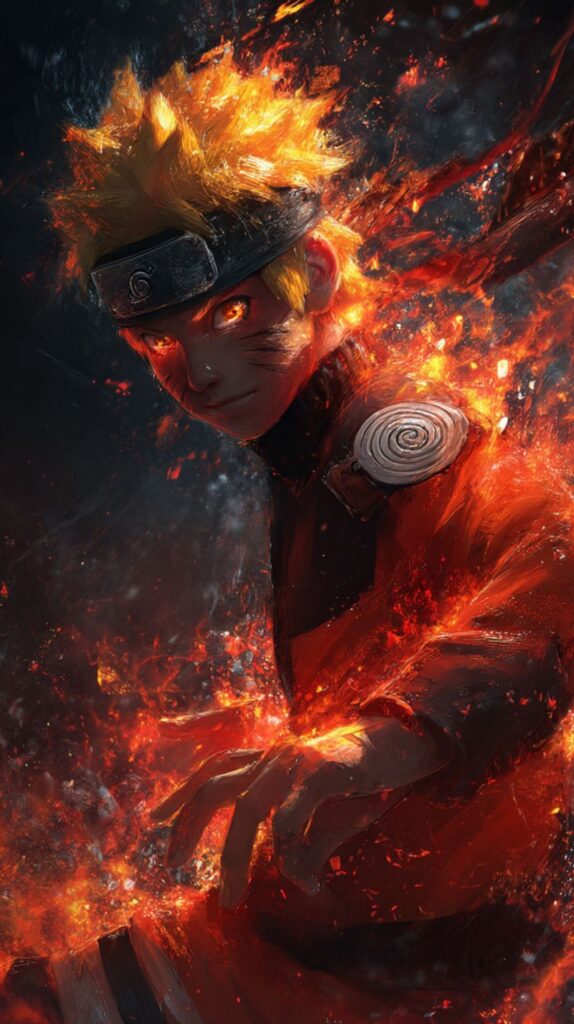 Naruto surrounded by fiery explosions, radiating energy from his body (1)
