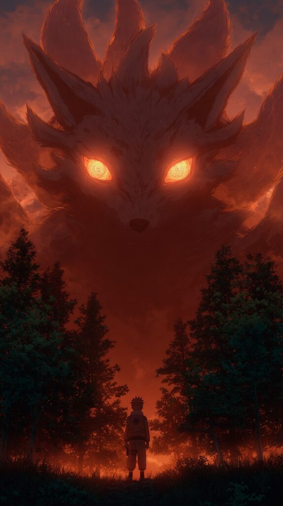 Kurama towering over Naruto