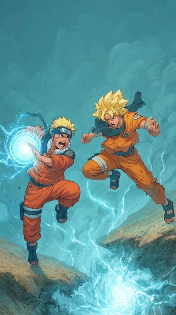 Naruto and Goku battling villains