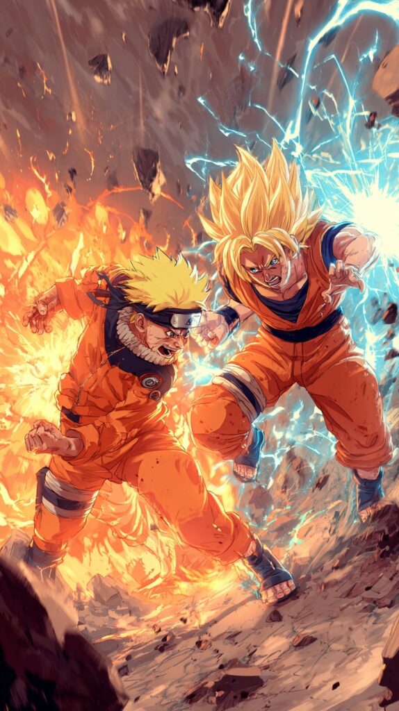 Naruto and Goku fighting intensely