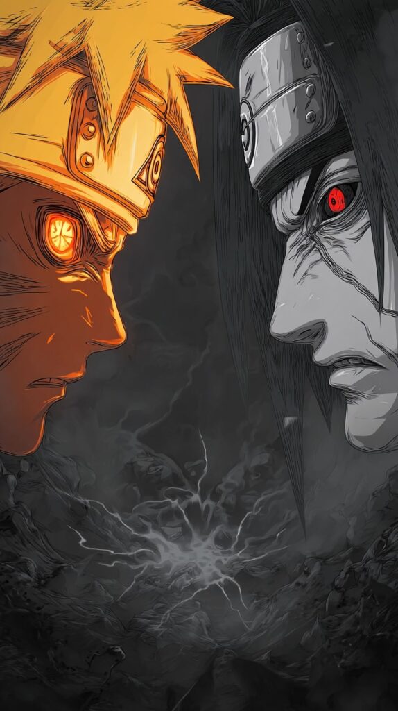 Naruto and Orochimaru locked in a standoff