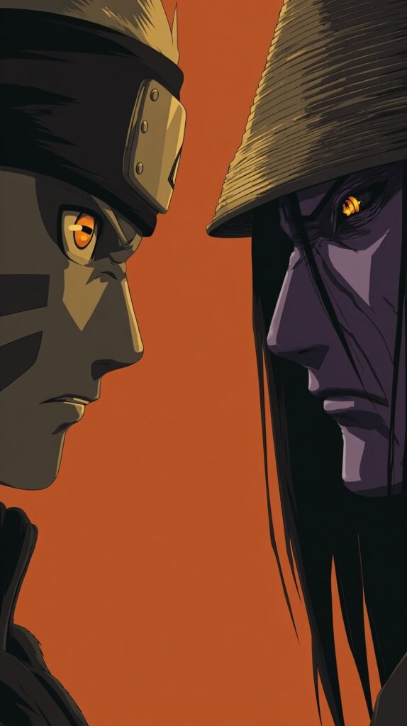 Naruto confronting Orochimaru with a fierce determination