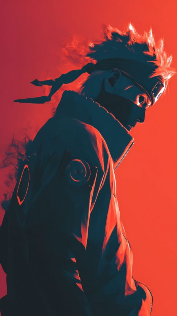 Naruto in profile with a red background, intense expression