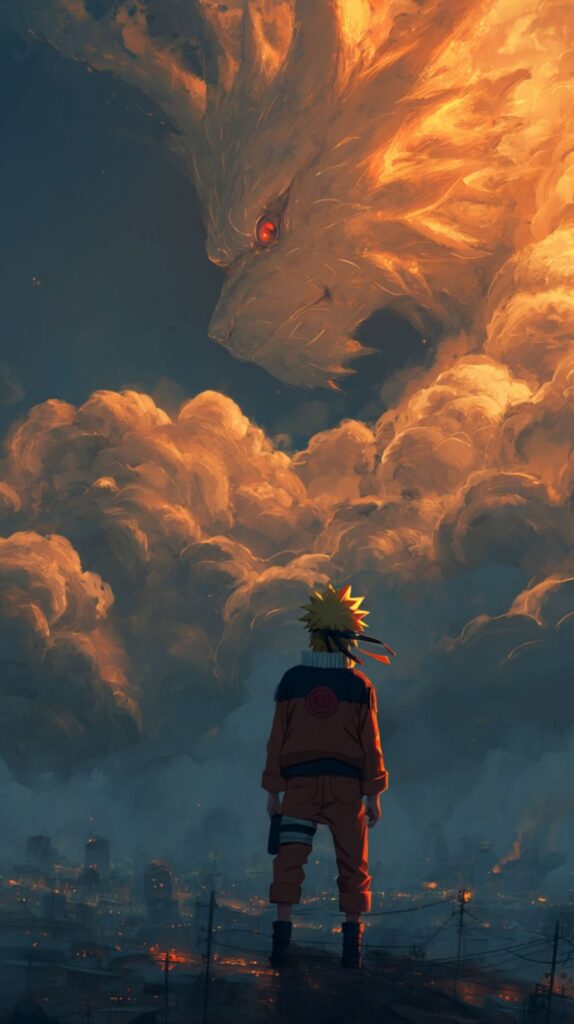 Naruto looking up at a fiery, cloud-shaped figure