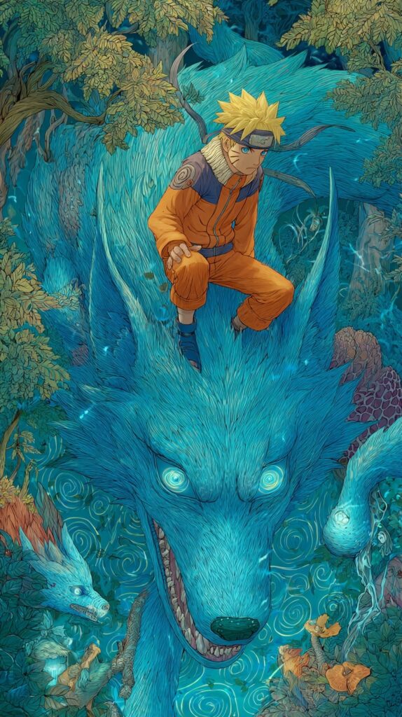 Naruto riding Kurama’s back