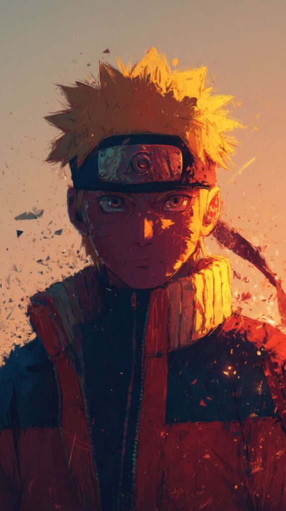 Naruto surrounded by broken fragments, fierce gaze
