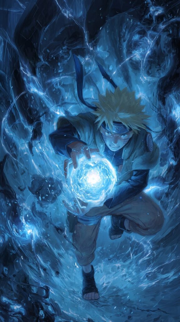 Minato Namikaze in a battle pose, releasing Rasengan