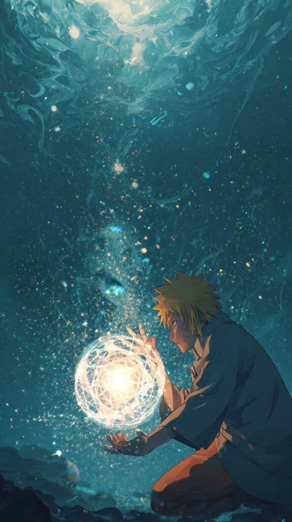 Minato creating Rasengan, surrounded by energy in a calm scene