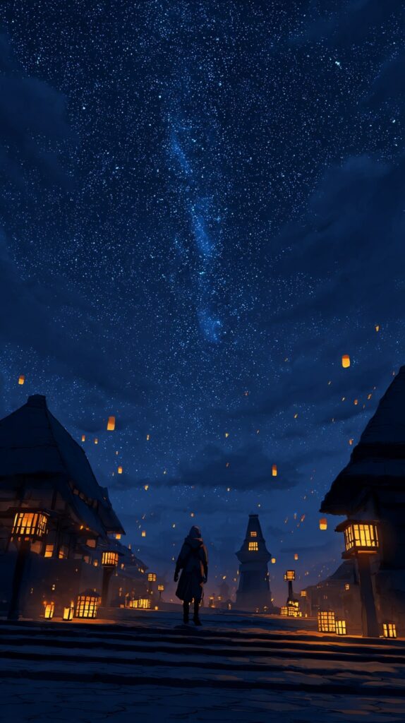 Konoha village at night with lanterns