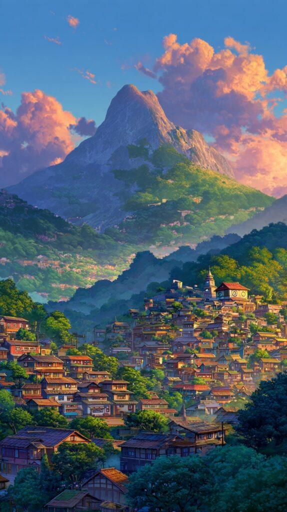 Konoha village at sunset with Hokage faces