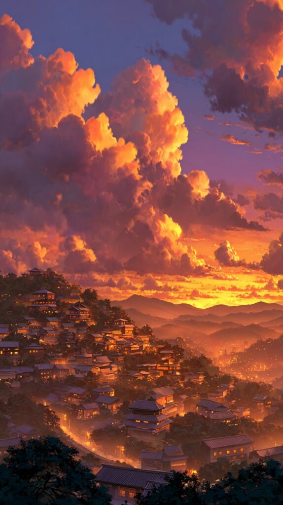 Konoha village under a vibrant sunset sky.