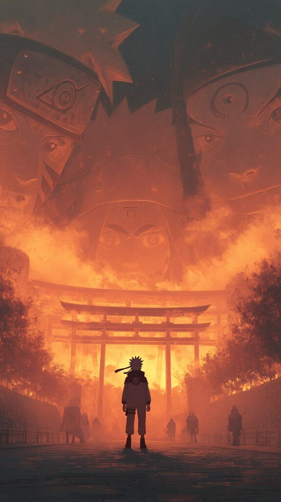 Naruto standing before Konoha gates at sunrise
